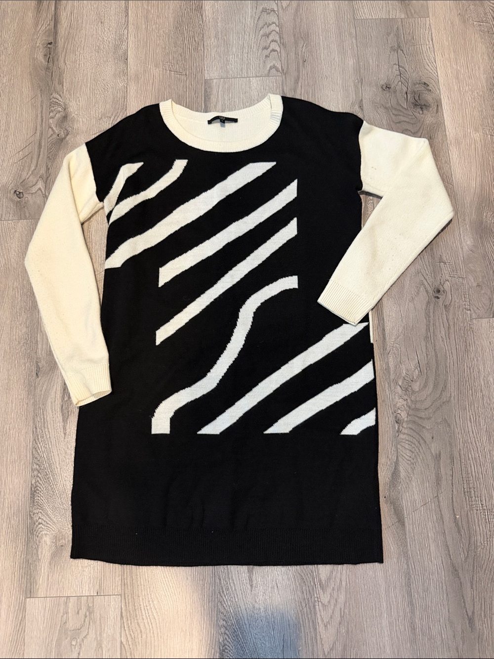 Tibi Black and Cream Crewneck Sweater Dress with Graphic Stripes